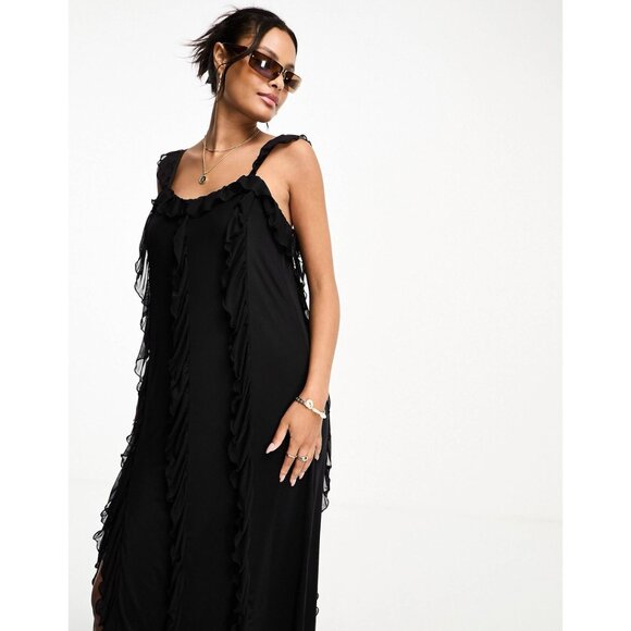 NWT Monki Black Mesh Ruffle Detail Midi Dress Whimsygoth Y2K Goth Size XS - Picture 3 of 11